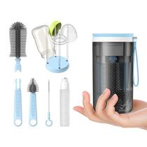 VOGOGE Travel Bottle Brush Set com escova de garrafa de silicone extensível, rack de secagem de garrafa embutido, adequado para viagem em casa e bebê (azul)