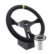 Volante Esportivo Lotse Ring Camurça Preto Tarja Amarela Com Cubo Adaptador