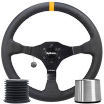 Volante Esportivo Lotse Ring Couro Preto Tarja Amarela Com Cubo Adaptador