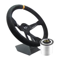 Volante Esportivo Lotse Wrc Camurça Tarja Amarela Haste Preta Com Cubo Adaptador