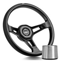 Volante Esportivo Lowv Bombardier Couro Preto Haste Cinza Com Cubo Adaptador