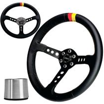 Volante Esportivo Lowv Euro Couro Haste Preta 9 Furos Diâmetro 340mm Profundidade 72mm