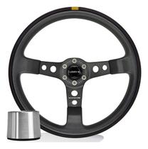 Volante Esportivo Lowv GRS5 Sniper Suede Preto Tarja Amarela Com Cubo Adaptador