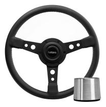 Volante Lotse Britan Couro Preto Haste Preta 6 Furos Com Cubo Adaptador