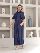 VVestido midi luxo chambray imitação jeans com botao gola manga curto