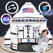 W&O Space Shuttle Explorer com botão Blast Off, 3 brinquedos espaciais e luzes LED - Tenda infantil interna e externa - Tenda para crianças - Rocket Ship Play Tent Playhouse - Tenda dobrável para crianças - Brinquedos espaciais para crianças de 3 a 5