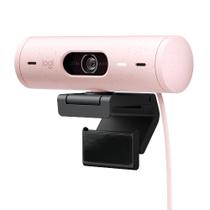 Webcam + Suporte Logitech Brio 500 Full HD, 1080p, 30 FPS, com Microfones Duplos, USB, Suporte Incluso, Rosa - 960-001418