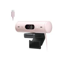 Webcam + Suporte Logitech Brio 500 Full HD, 1080p, 30 FPS, com Microfones Duplos, USB, Suporte Incluso, Rosa - 960-001418
