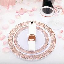 WELLIFE 350 Peças Rose Gold Plastic Dinnerware, pratos de renda de ouro rosa descartáveis, incluem: 50 pratos de jantar, 50 pratos de sobremesa, 50 guardanapos enrolados com prata de ouro rosa e 50 xícaras