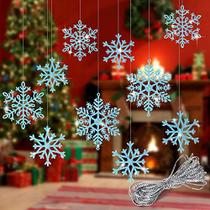 Whaline 40Pcs Blue Glitter floco de neve inverno floco de neve enfeites de Natal decorações suspensas com 197 polegadas corda de prata para o aniversário de casamento casa Natal árvore de Natal janela porta acessórios
