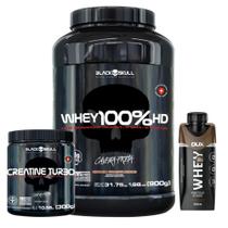 Whey 100% HD - 900G - Black Skull + Creatina Turbo - 300g - S/ sabor + Whey Shake - Dux