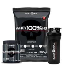 Whey 100% Hd - 900G Refil Morango Black Skull + Glutamine Turbo 300g Black Skull + Coqueteleira Black Skull