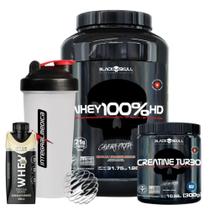 Whey 100% HD - Black Skull- 900G + Whey Shake 250ml - Dux + Creatina Turbo 300g Black + Coq - IM