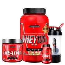 Whey 100% Pure 900g Pote- Integralmedica + Creatina Hardcore 300 g Integralmedica+Omega 3 60 caps + Coqueteleira 2 doses