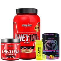 Whey 100% Pure - Whey Protein 907G - Integral Médica+Creatina Pura Monohidratada Hardcore+Pré-Treino Element 115