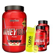 Whey Protein 100% Pure Concentrado 900g Pote Integralmedica + 2x Omega 3 60 caps Integralmedica + Coqueteleira Cor Sorti