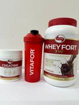 Whey Protein 3W Fort Pote de 900g Sabor Chocolate e Creatina (Creatine)de 300g Combo-Vitafor