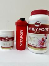 Whey Protein 3W Fort Pote de 900g Sabor Frutas Vermelhas e Creatina (Creatine) 300g -Vitafor -Combo