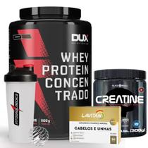 Whey Protein Concentrado 900g Dux + Creatina 300g Black + Cabelos e Unhas 30 Caps + Coqueteleira IM - Dux Nutrition