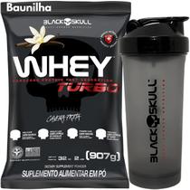 Whey Protein Concentrado TURBO 907g + Coqueteleira Fumê 600ml - Kit Black Skull Whey Para Ganho de Massa Muscular + Shakeira 600ml