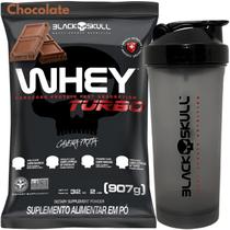 Whey Protein Concentrado TURBO 907g + Coqueteleira Fumê 600ml - Kit Black Skull Whey Para Ganho de Massa Muscular + Shakeira 600ml