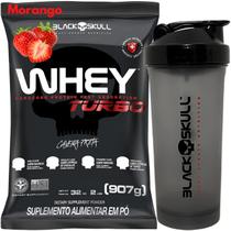 Whey Protein Concentrado TURBO 907g + Coqueteleira Fumê 600ml - Kit Black Skull Whey Para Ganho de Massa Muscular + Shakeira 600ml
