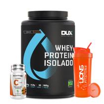 Whey Protein Isolado Pote 900g Baunilha Dux Nutrition + Vitamina C 60 caps Adaptogen + Coqueteleira Personalizada 700ml