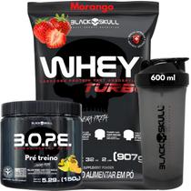 Whey Protein TURBO Concentrado + Pré-treino Bope + Coqueteleira 600ml - Kit Black Skull - Ganho de Massa Muscular - Energia