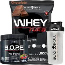 Whey Protein TURBO Concentrado + Pré-treino Bope + Coqueteleira 600ml - Kit Black Skull - Ganho de Massa Muscular - Energia