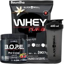 Whey Protein TURBO Concentrado + Pré-treino Bope + Coqueteleira 600ml - Kit Black Skull - Ganho de Massa Muscular - Energia