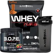 Whey Protein TURBO Concentrado + Pré-treino Bope + Coqueteleira 600ml - Kit Black Skull - Ganho de Massa Muscular - Energia