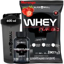 Whey Protein TURBO Concentrado + Termogênico Thermo Flame 120 Tabletes + Coqueteleira - Kit Black Skull Cafeína - Ganho de muscular - Shakeira