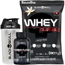 Whey Protein TURBO Concentrado + Termogênico Thermo Flame 120 Tabletes + Coqueteleira - Kit Black Skull Cafeína - Ganho de muscular - Shakeira