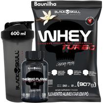 Whey Protein TURBO Concentrado + Termogênico Thermo Flame 120 Tabletes + Coqueteleira - Kit Black Skull Cafeína - Ganho de muscular - Shakeira