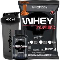 Whey Protein TURBO Concentrado + Termogênico Thermo Flame 120 Tabletes + Coqueteleira - Kit Black Skull Cafeína - Ganho de muscular - Shakeira