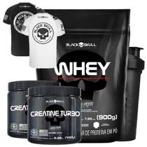 Whey Refil 900g + 2x Creatina Turbo + 2 Camisetas Padrao Branco Exg + Coqueteleira - Black Skull (chocolate)