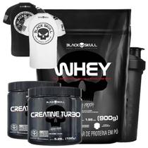 Whey Refil 900g + 2x Creatina Turbo + 2 Camisetas Padrao Preta G + Coqueteleira - Black Skull (chocolate)