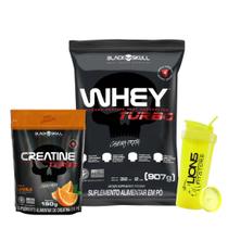 Whey Turbo 900g Black Skull + Creatina Turbo Refil 150g Laranja + Coqueteleira 700ml Personalizada Cor Sortida