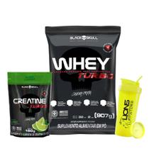 Whey Turbo 900g Black Skull + Creatina Turbo Refil 150g Limão + Coqueteleira 700ml Personalizada Cor Sortida