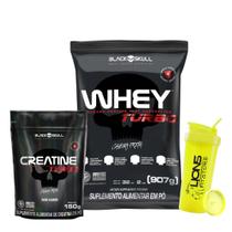 Whey Turbo 900g Black Skull + Creatina Turbo Refil 150g Sem Sabor + Coqueteleira 700ml Personalizada Cor Sortida