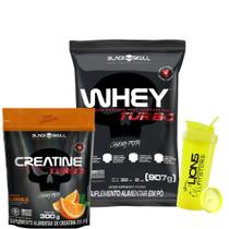 Whey Turbo 900g Black Skull + Creatina Turbo Refil 300g Laranja + Coqueteleira 700ml Personalizada Cor Sortida