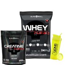 Whey Turbo 900g Black Skull + Creatina Turbo Refil 300g Sem sabor + Coqueteleira 700ml Personalizada Cor Sortida