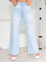 Wide Leg Jeans Pantalona Feminina Calça Cintura Alta Premium Clara rasgada