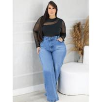 Wide Leg Pantalona Jeans Plus Size Feminina cintura alta riscos Wide Leg Pantalona Jeans Plus Size Feminina cintura alta riscos
