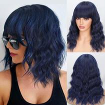 Wig Nnzes Short Bob Wavy azul escuro sintético para mulheres