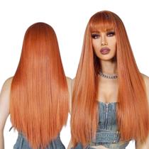 Wig Ruiva Natural Longa Lisa Premium com Franja Peruca