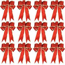 WILLBOND 12 Peças Glitter Christmas Bows Christmas Wreath Bow Christmas Tree Ornaments Bows for Christmas Party Decoration (Ouro e Vermelho)