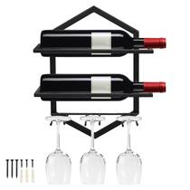 Wine Rack de parede de metal vintage para 2 garrafas e 3 copos Wine Rack de parede de metal vintage para 2 garrafas e 3 copos