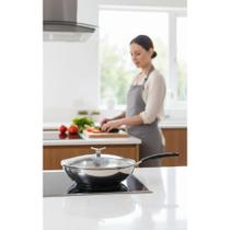 Wok Antiaderente 28cm Inox C/ Tampa Aço Escovado Prata
