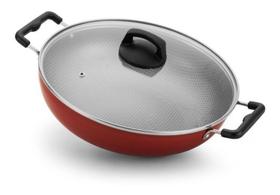 Wok Grande Antiaderente 30cm Vermelha Com Tampa De Vidro